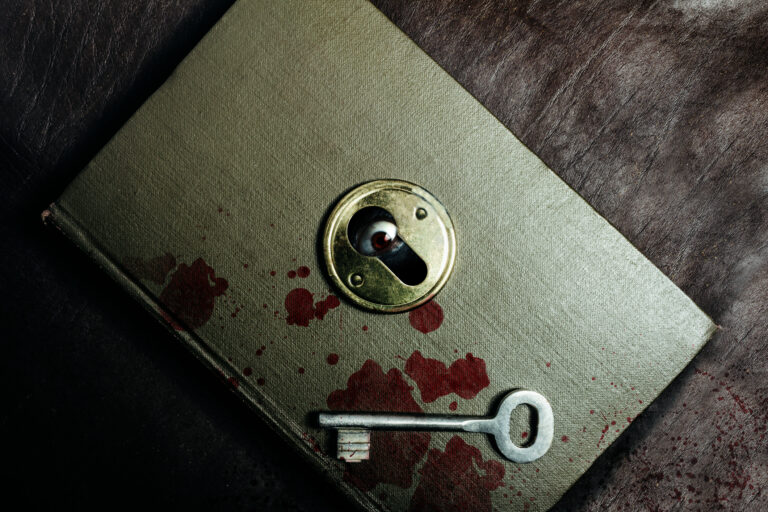 Photo of scary bloody book with keyhole.