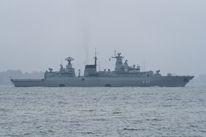 Germany Navy frigate F217 Bayern on a grey November day in the Kiel Fjord