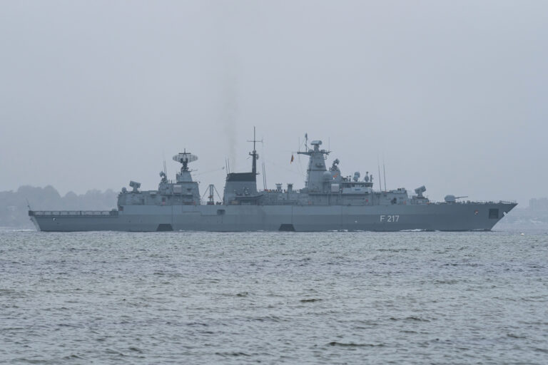 Germany Navy frigate F217 Bayern on a grey November day in the Kiel Fjord