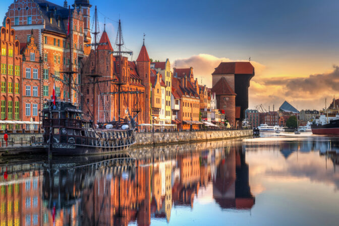 Gdansk, Poland - July, 25, 2019: Gdansk with beautiful old town over Motlawa river at sunrise, Poland.