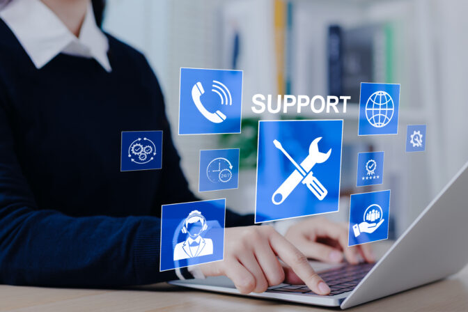 Technical support and customer service concept. Woman using laptop with support icons, representing technical assistance, customer service, and 24/7 help solutions in business. call center, help desk,