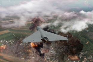A kamikaze drone flies over residential buildings, the UAV attacks the homes and infrastructure of civilians,