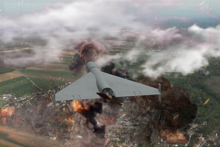 A kamikaze drone flies over residential buildings, the UAV attacks the homes and infrastructure of civilians,