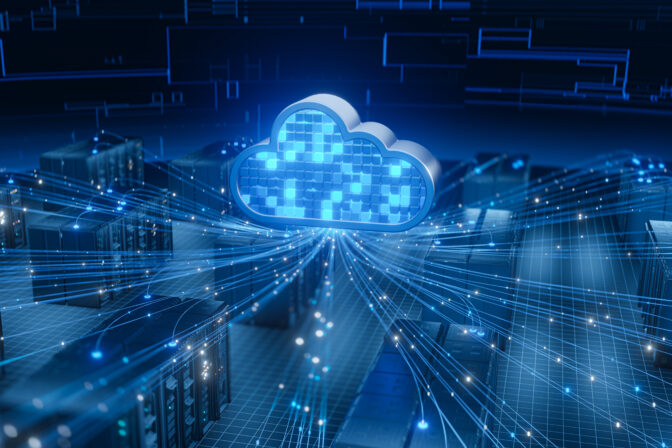Cloud computing symbol connects to server datacenter network.