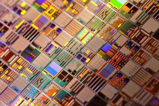 Silicon semiconductor wafer close up.