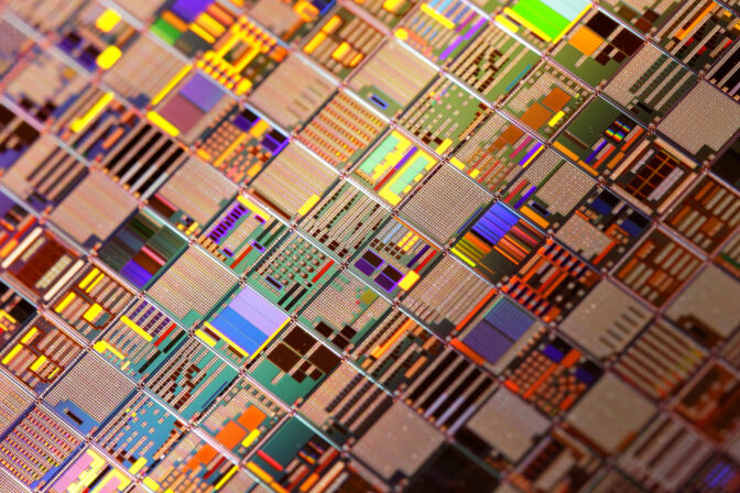 Silicon semiconductor wafer close up.