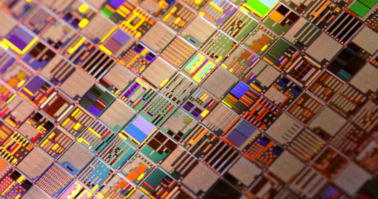 Silicon semiconductor wafer close up.