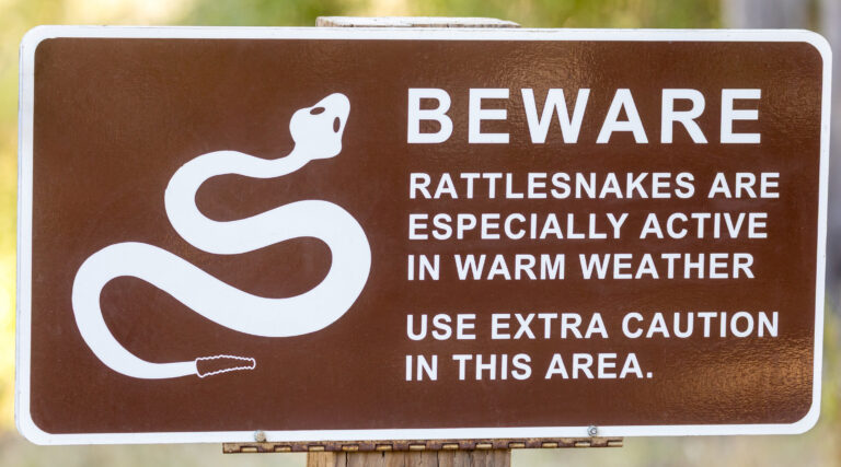 Rattlesnakes Awareness Sign at Windy Hill Open Space Preserve, San Mateo County, California.
