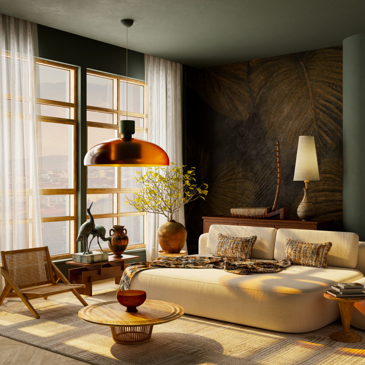 Cozy Japandi living room interior with warm earthy tones, wooden furniture, natural sunlight, and a tranquil minimalist atmosphere. 3D illustration.