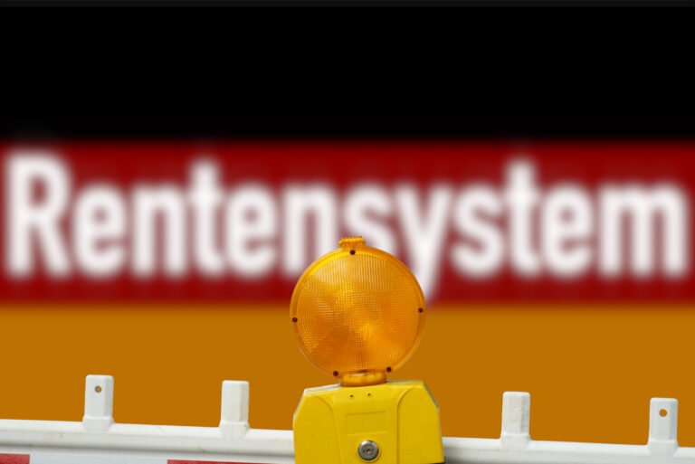 Flag of Germany, German pension system and construction site barrier as a symbol of reconstruction