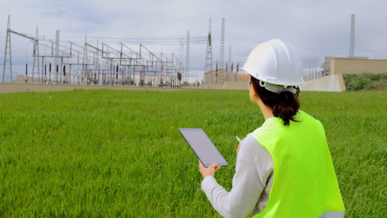 Female engineer inspecting an electrical power station, using a digital tablet for data collection and analysis while ensuring efficient and sustainable energy infrastructure operations