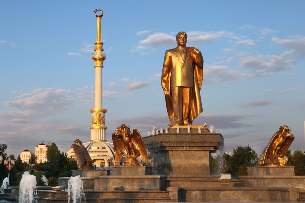 Monumen of Niyazov and Independence Arch in sunset. Ashkhabad