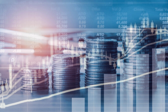 Double exposure financial indices and stock market in accounting market economy analysis with graph business concept background