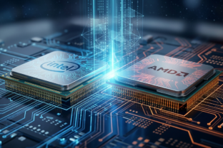 Umelecké stvárnenie dvoch moderných počítačových procesorov s logami Intel a AMD položených vedľa seba na podsvietenej modrej základnej doske.
