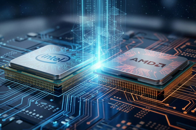 Umelecké stvárnenie dvoch moderných počítačových procesorov s logami Intel a AMD položených vedľa seba na podsvietenej modrej základnej doske.