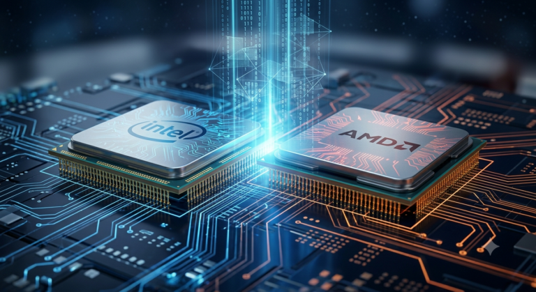 Umelecké stvárnenie dvoch moderných počítačových procesorov s logami Intel a AMD položených vedľa seba na podsvietenej modrej základnej doske.
