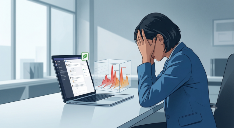 Detailný pohľad na monitor notebooku s otvoreným oknom Microsoft Teams, kde vedľa bočného panela svieti nová malá ikona ohňa.