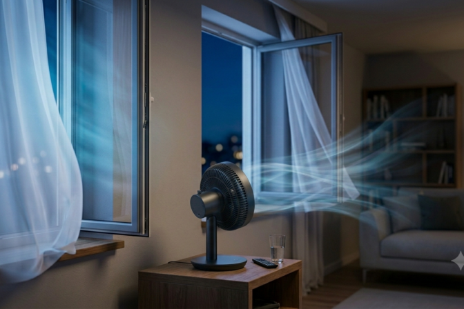 Stolný ventilátor umiestnený na stole meter od okna, fúkajúci teplý vzduch von do letnej noci, zatiaľ čo závesy sa jemne hýbu v prievane.
