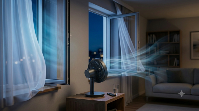 Stolný ventilátor umiestnený na stole meter od okna, fúkajúci teplý vzduch von do letnej noci, zatiaľ čo závesy sa jemne hýbu v prievane.