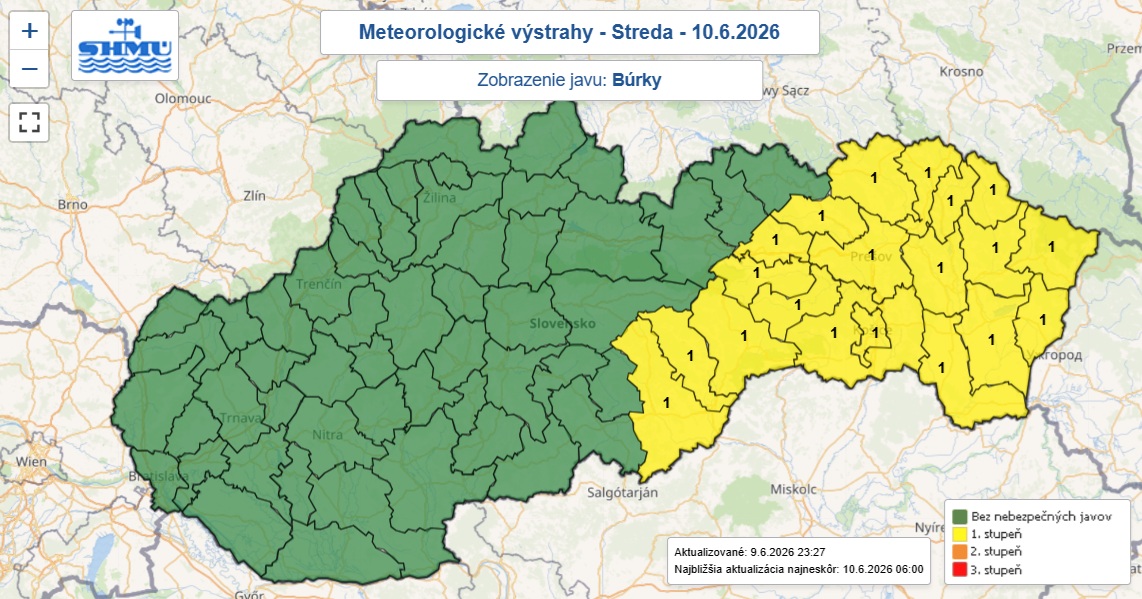 Výstraha prvého stupňa pred búrkami je dnes (v stredu 10. júna) vydaná pre 20 okresov Slovenska.