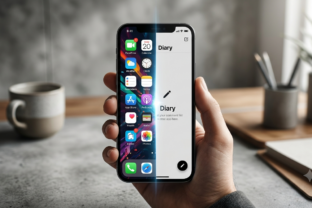 Ilustrácia iPhonu zobrazujúceho prechod z farebnej domovskej obrazovky do čiernobieleho rozhrania aplikácie Denník s ikonkami automatizácie Skratky.