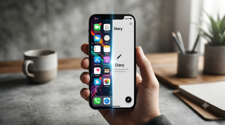 Ilustrácia iPhonu zobrazujúceho prechod z farebnej domovskej obrazovky do čiernobieleho rozhrania aplikácie Denník s ikonkami automatizácie Skratky.