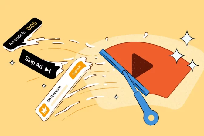 Ilustračný záber na obrazovku monitora s otvoreným videom na YouTube v prehliadači DuckDuckGo, kde namiesto reklamy svieti čisté video s ikonou úspešne zablokovaného obsahu.