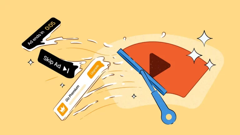 Ilustračný záber na obrazovku monitora s otvoreným videom na YouTube v prehliadači DuckDuckGo, kde namiesto reklamy svieti čisté video s ikonou úspešne zablokovaného obsahu.