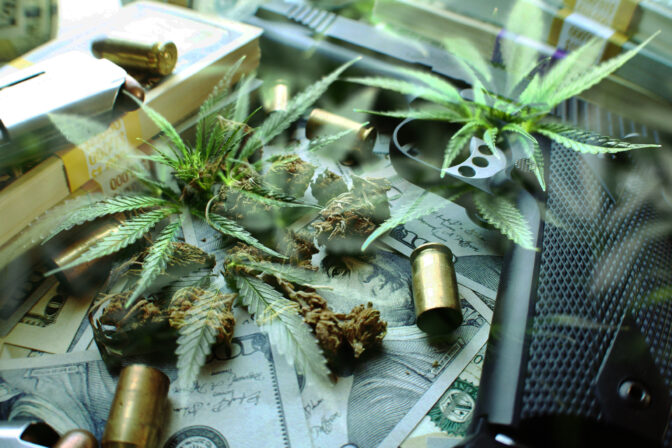 Drug Money With 1911 Handgun, Stacks Of Money, Bullets &amp; Marijuana Leaves