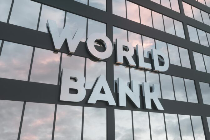 World Bank sign on a modern glass skyscraper. World Bank glass building. 3d rendering