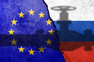 Flag of Europe Union and Russia painted on a concrete wall with gas pipe shadow. Relationship between EU and Russia