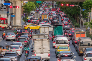 Traffic jam in rush hour at evening on Silom Naradhiwas Rajanagarindra Intersection