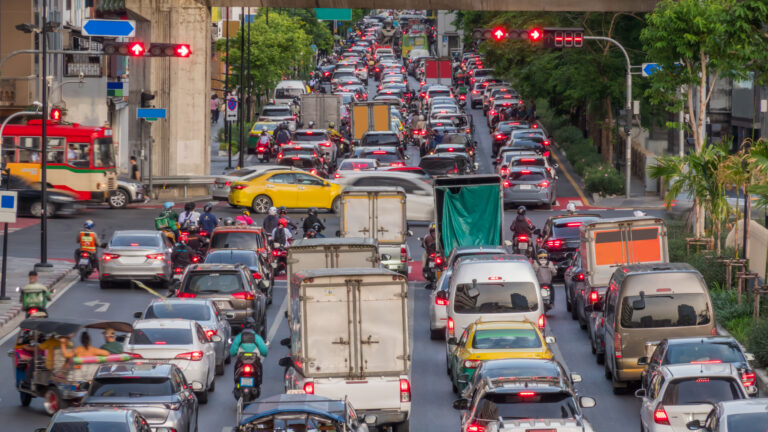 Traffic jam in rush hour at evening on Silom Naradhiwas Rajanagarindra Intersection