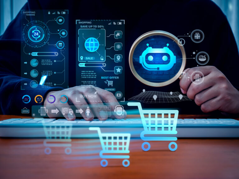 AI E commerce concept. Artificial intelligence service tools for ecommerce, digital marketing technology. Bot in magnifying glass in hand, online marketplace interface screen with shopping cart icons.