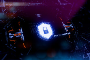 Futuristic neon shield with a checkmark on a digital background