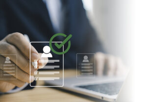 Human resources recruitment and candidate selection with digital checklist, businessman choosing employee profile HR technology  hiring process job application and online workforce management.