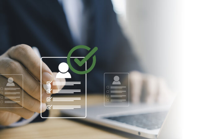 Human resources recruitment and candidate selection with digital checklist, businessman choosing employee profile HR technology  hiring process job application and online workforce management.