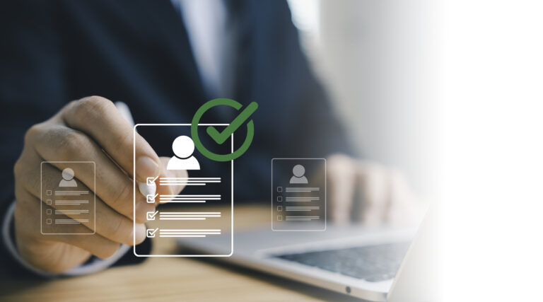 Human resources recruitment and candidate selection with digital checklist, businessman choosing employee profile HR technology  hiring process job application and online workforce management.