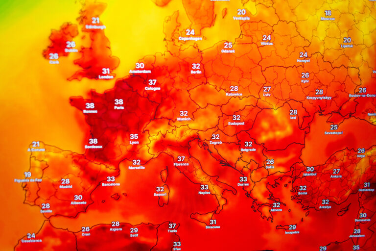 Weather forecast map shows extreme heatwave and high temperatures across Europe. Global warming, climate change, and anomalous summer heat concept with red hot temperatures.