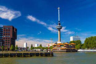 Euromast Tower in Rotterdam with floating Chinese restaurant