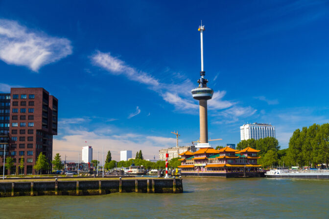 Euromast Tower in Rotterdam with floating Chinese restaurant