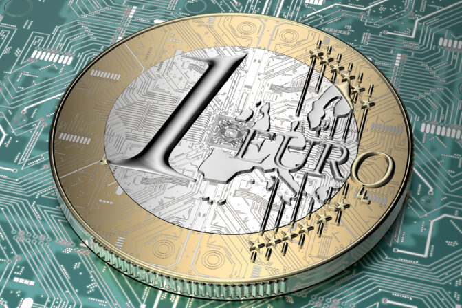 Euro coin with electronic cuircuit in digital environment