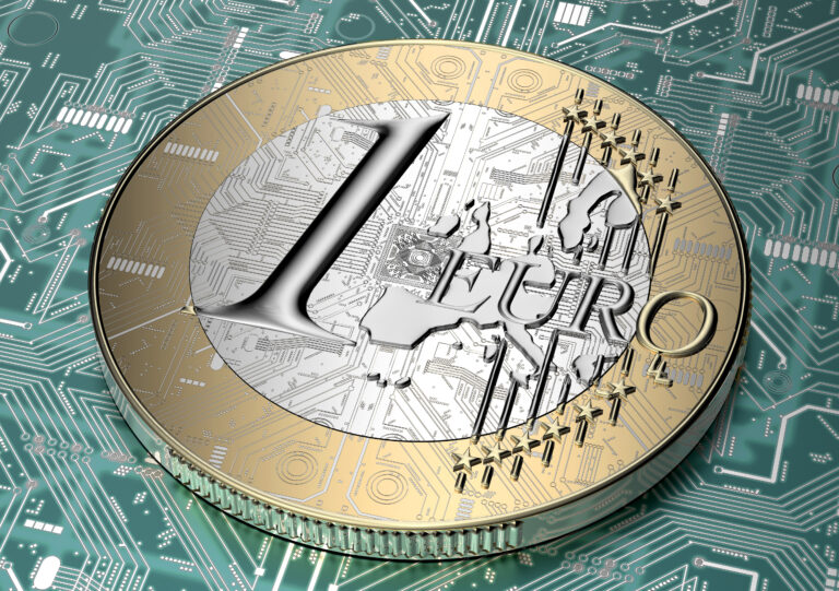 Euro coin with electronic cuircuit in digital environment