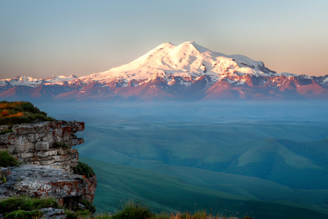 Elbrus on the sunrise, mountains in summer