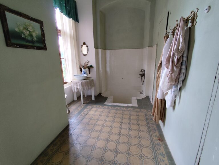Pokroková kúpeľňa z 19. storočia, ktorá mala kombináciu vane a sprchového kútu.