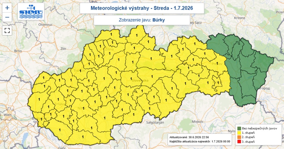 Výstraha prvého stupňa pred búrkami platí dnes (v stredu 1. júla 2026) takmer pre celé Slovensko.