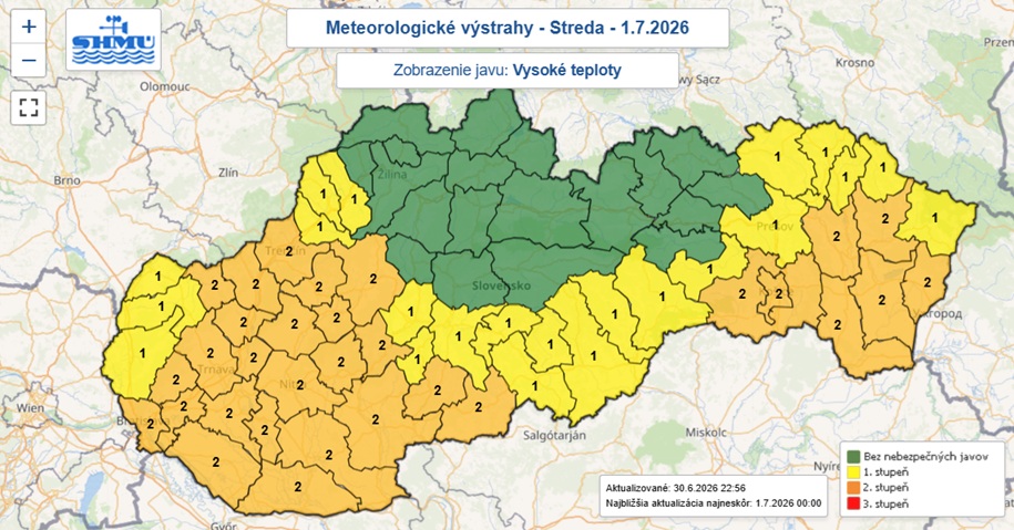 Výstrahy prvého a druhého stupňa pred vysokými teplotami vydané na dnes (stredu 1. júla 2026).