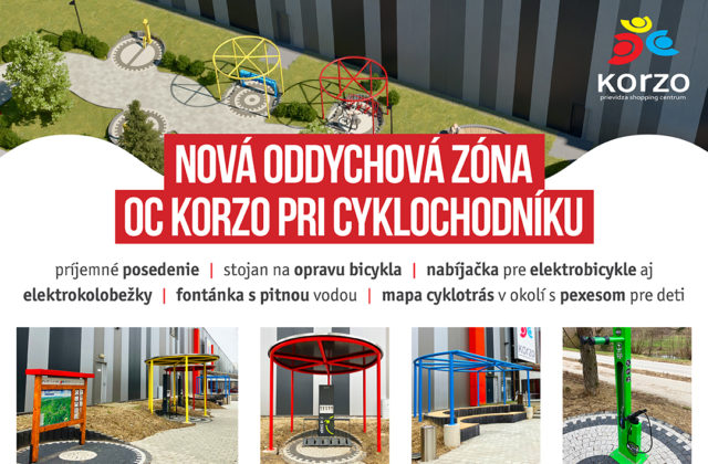 V novej oddychovej zóne medzi OC Korzo a cyklochodníkom si môžete príjemne posedieť aj opraviť bicykel