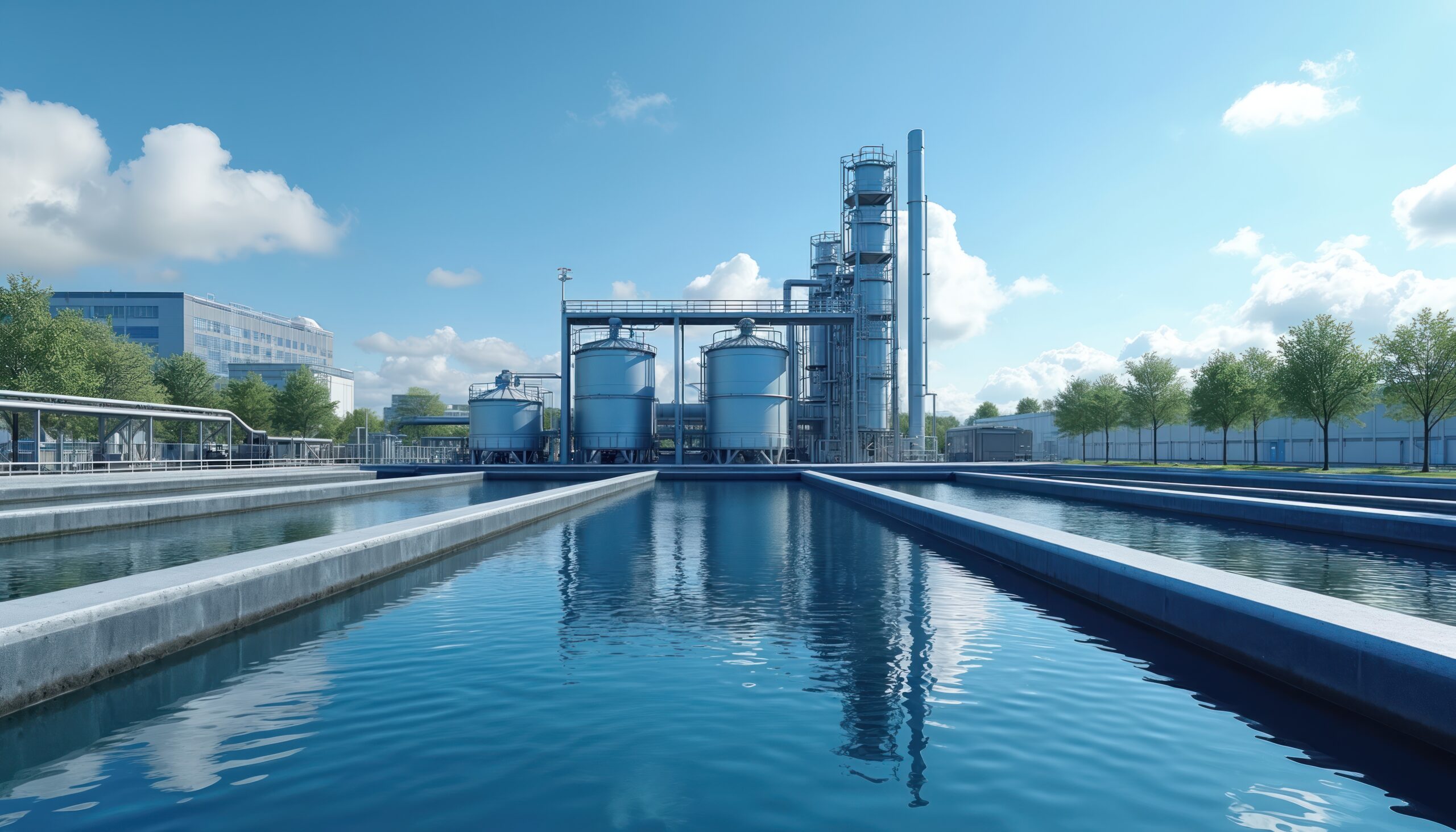 Industrial water cleaning plant with blue sky. Water treatment technology for cleaning management infrastructure. Purification process from reservoir to supply water to city. Environment solution,