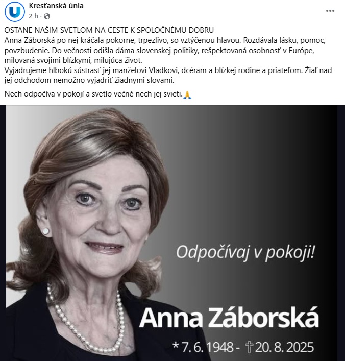 Vo veku 77 rokov zomrela Anna Záborská.